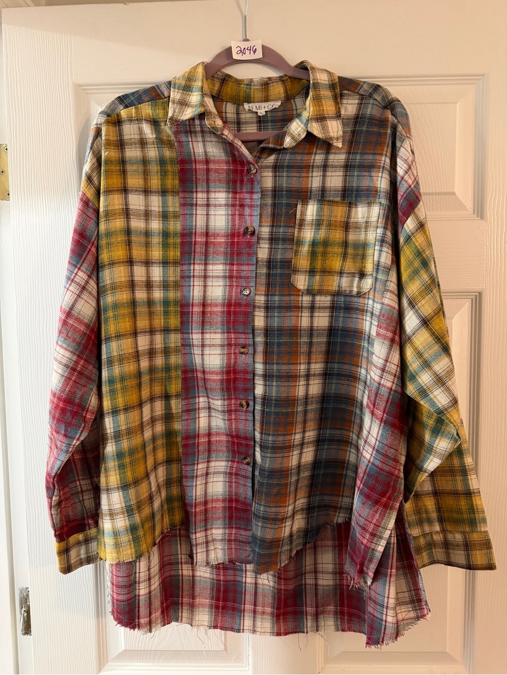 AEMI + CO Patchwork Plaid Oversized Button Down Shirt